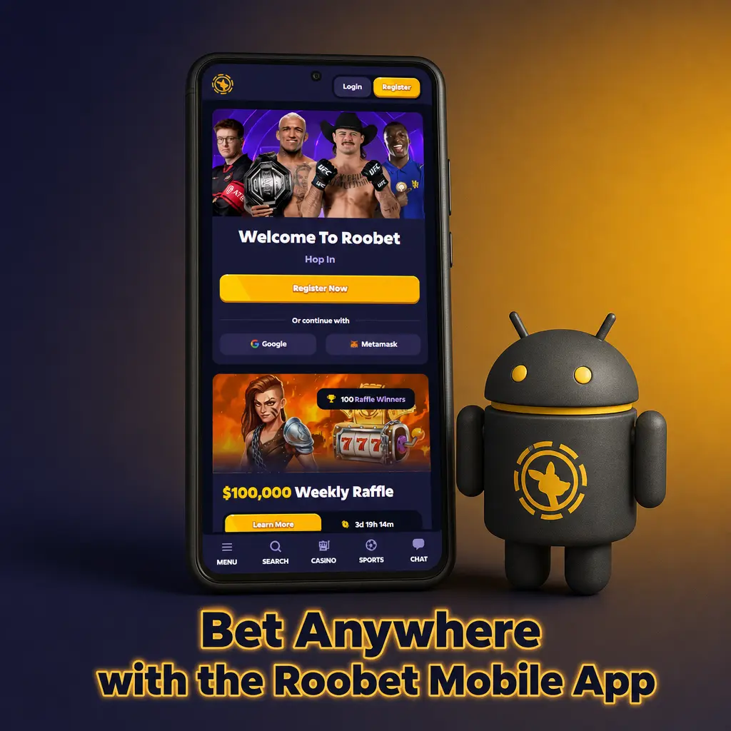 Roobet mobile app interface showing sportsbook and casino games available for Android and iOS devices