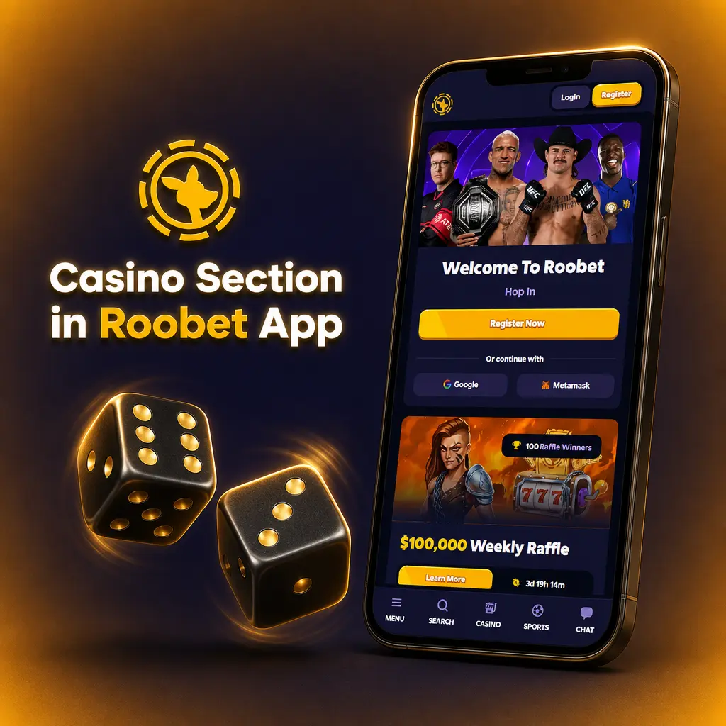 Roobet app casino section showing categorised game library including slots, live casino, table games and game shows