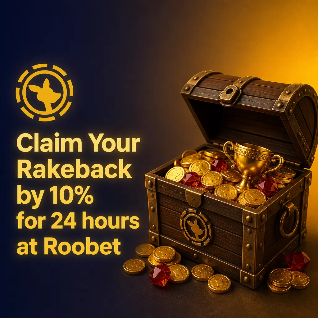 Roobet promo banner offering new depositors 10% rakeback for 24 hours on sportsbook and casino wagers